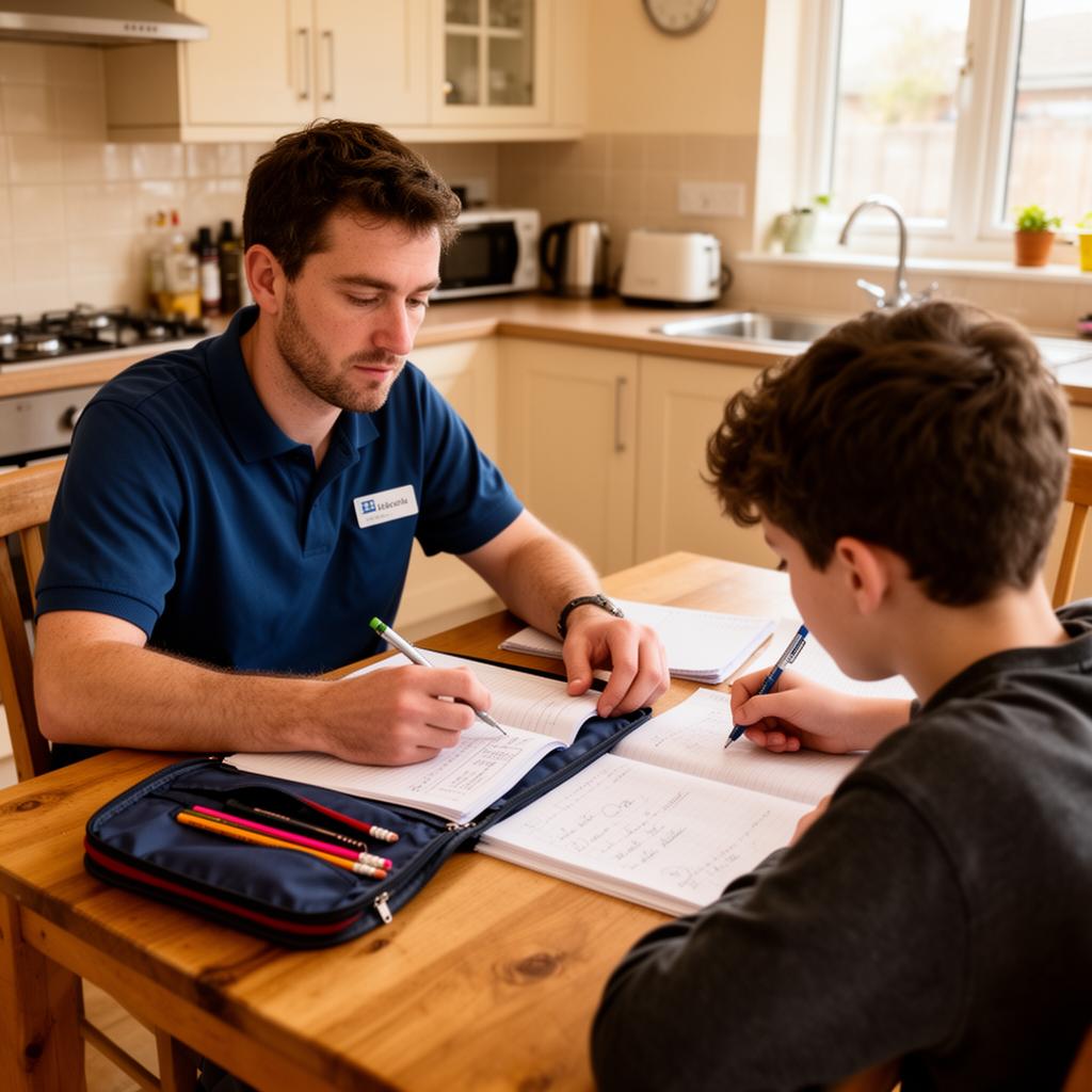 Residential support worker helping a young person with homework