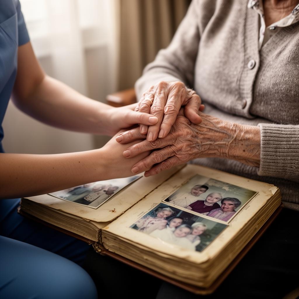 Carer holding a resident's hand and looking at an old photo album