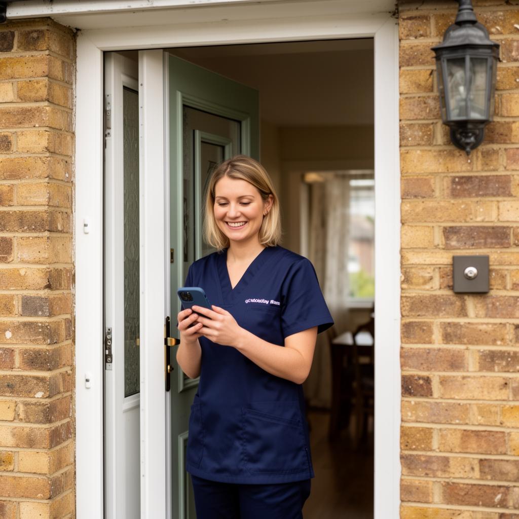 Care worker arriving at a client's front door with a phone in hand