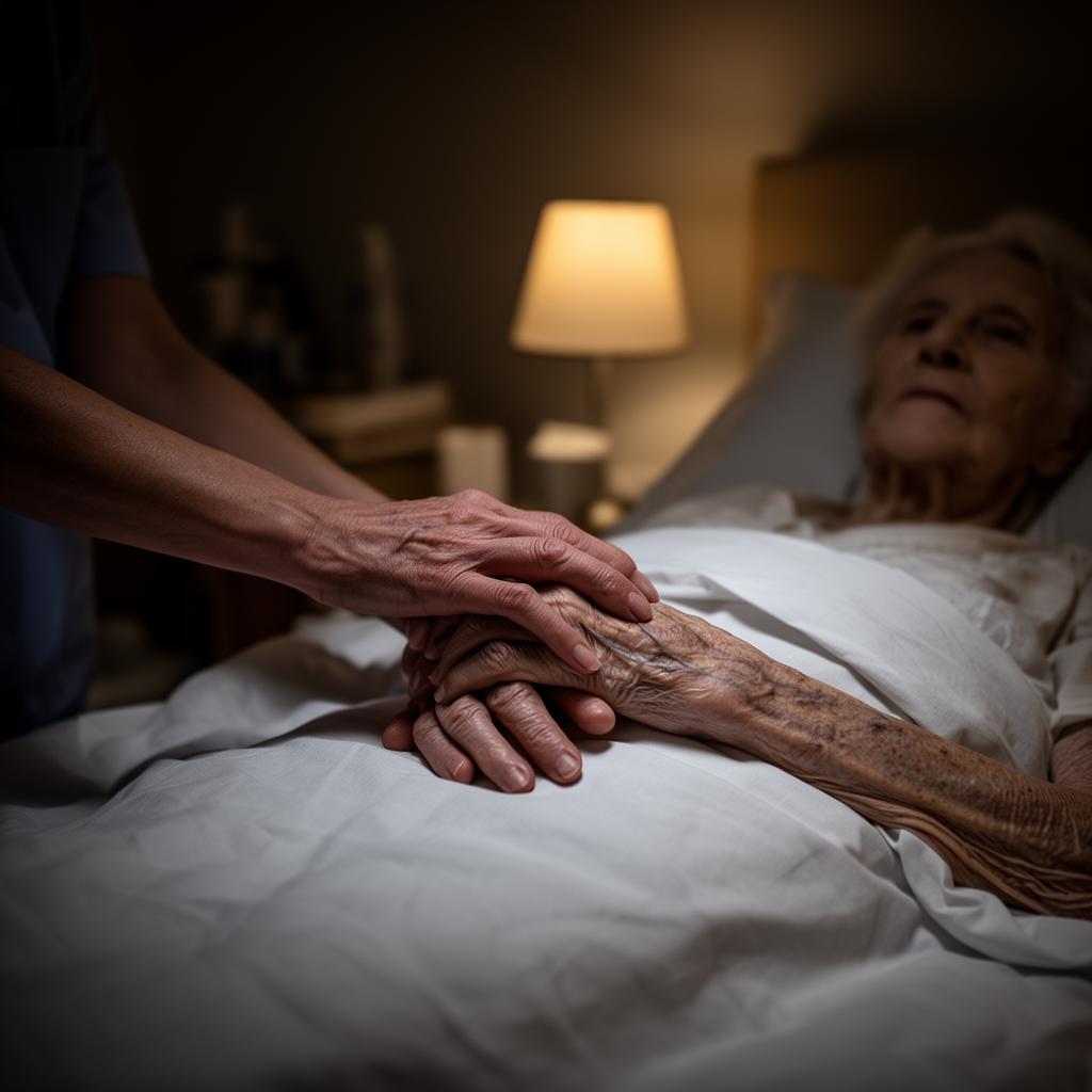 Carer holding the hand of a resident at bedside