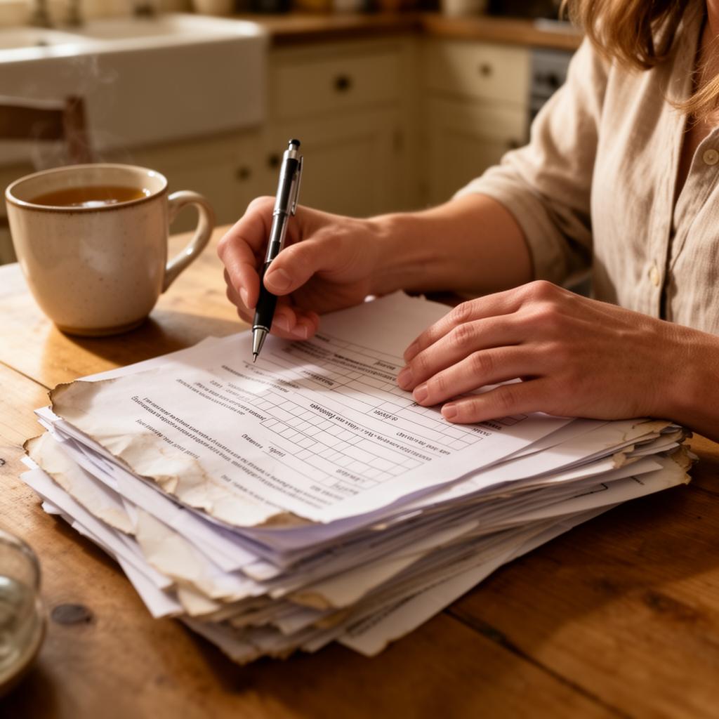 Support worker filling in multiple forms at a kitchen table