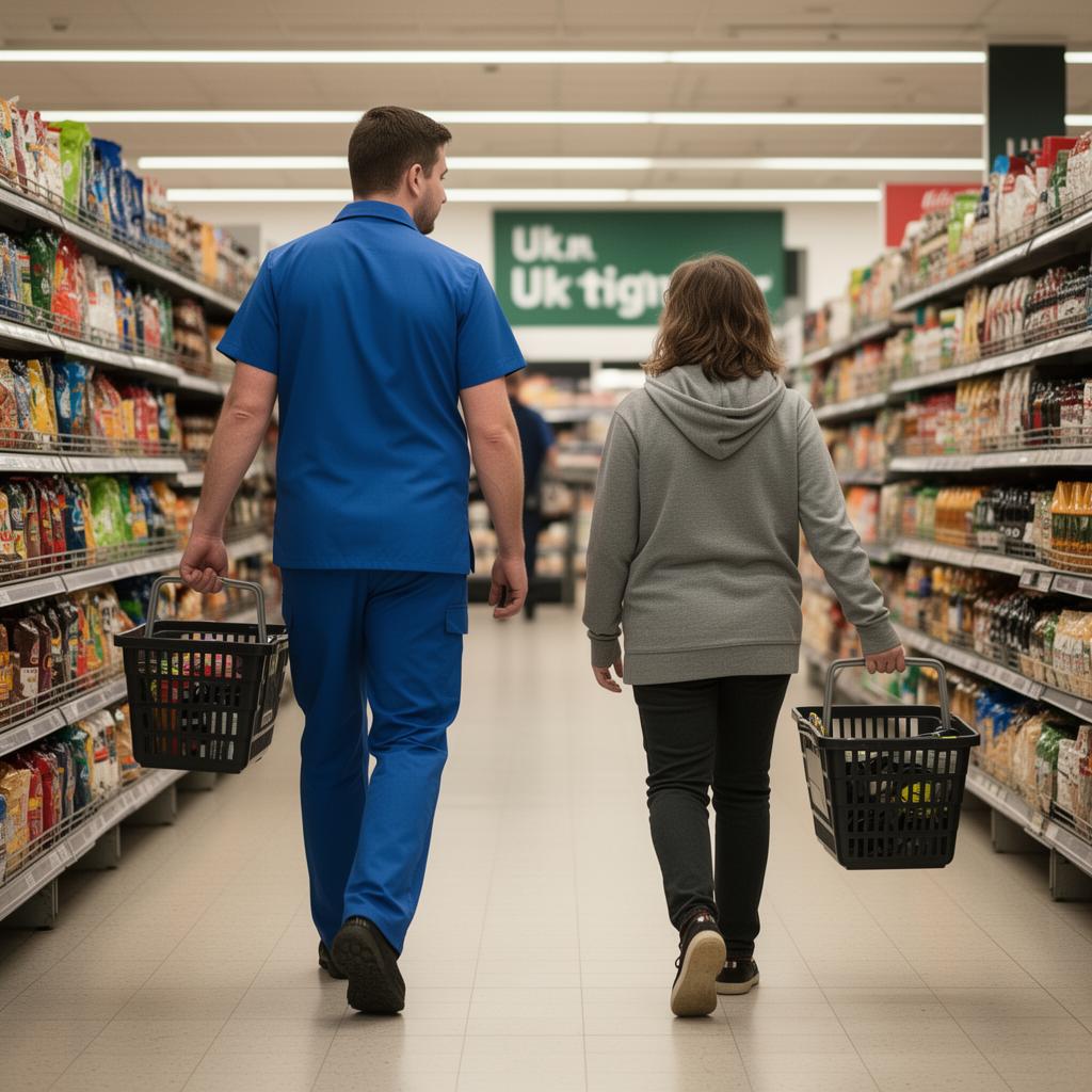 Support worker walking with a young adult in a supermarket