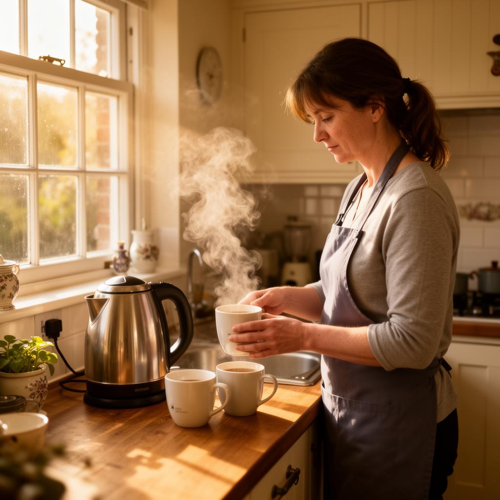 Live-in carer making tea in a client's sunlit kitchen