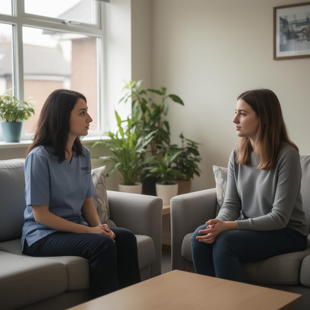 Mental health support worker talking with a person in a calm communal space