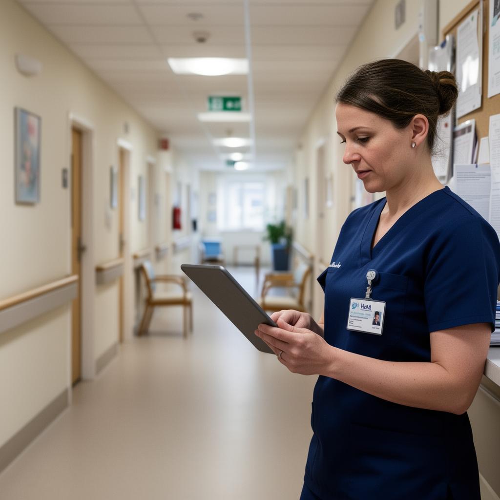Nurse reviewing a clinical handover on a tablet at the nurses' station