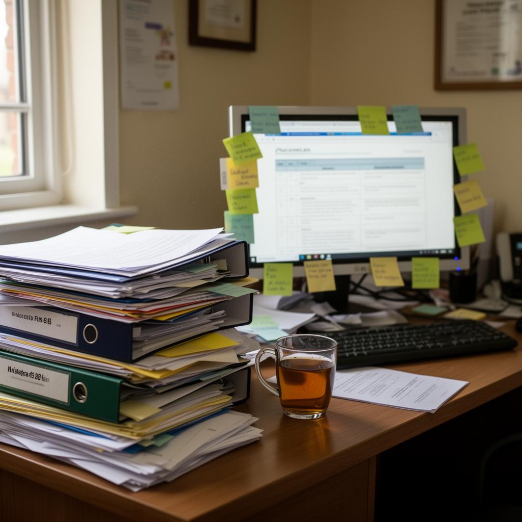 Cluttered manager's desk piled with care plan folders and post-it notes