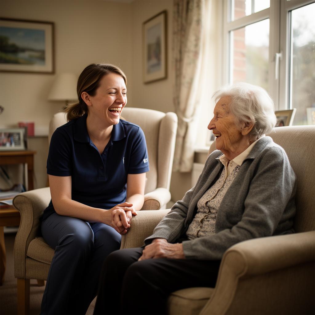 Care worker laughing with a resident in a sunlit lounge