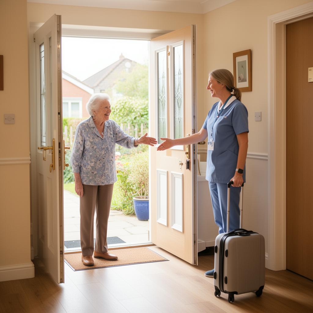 Care worker welcoming a respite resident at the front door
