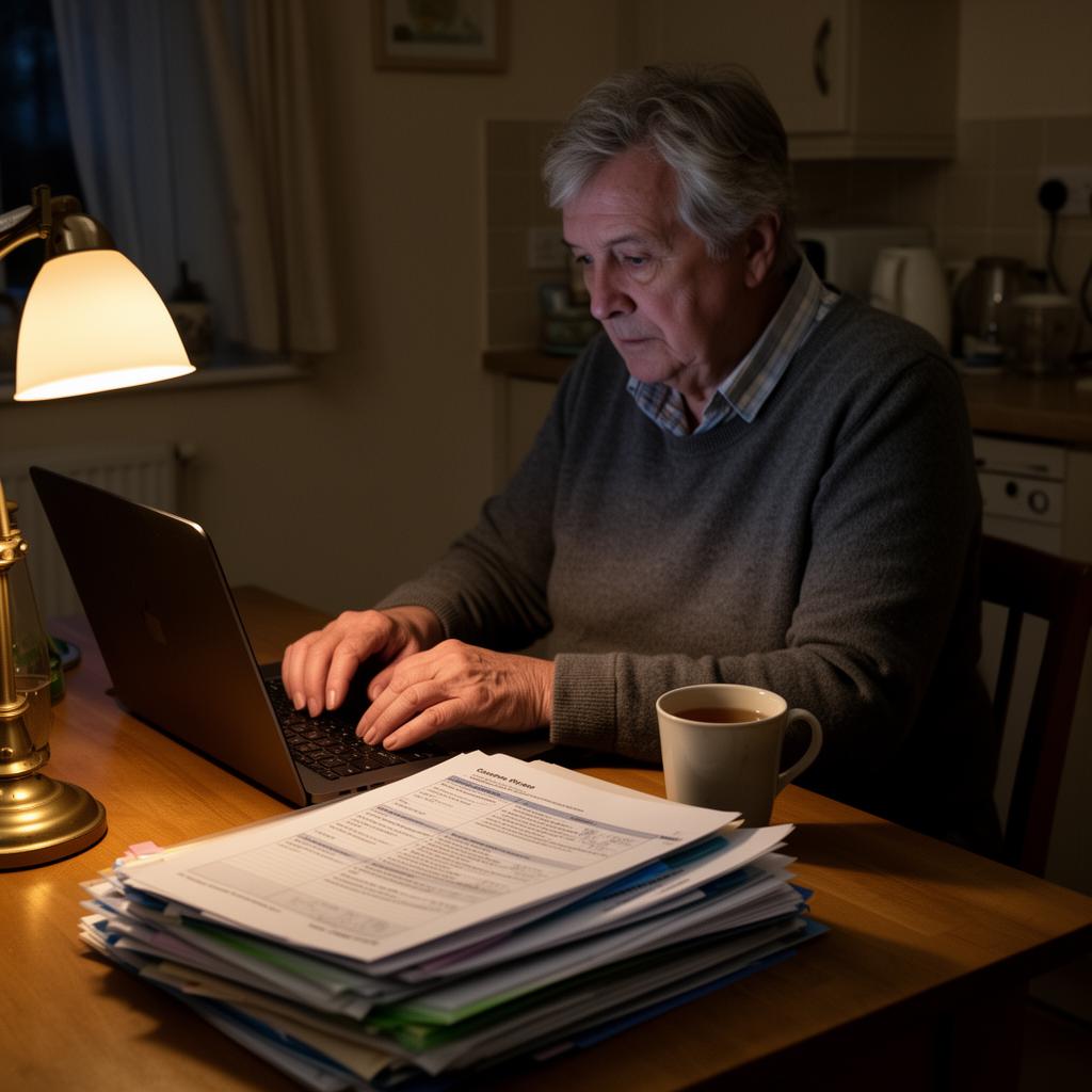 Owner-manager at a kitchen table with laptop and care plans