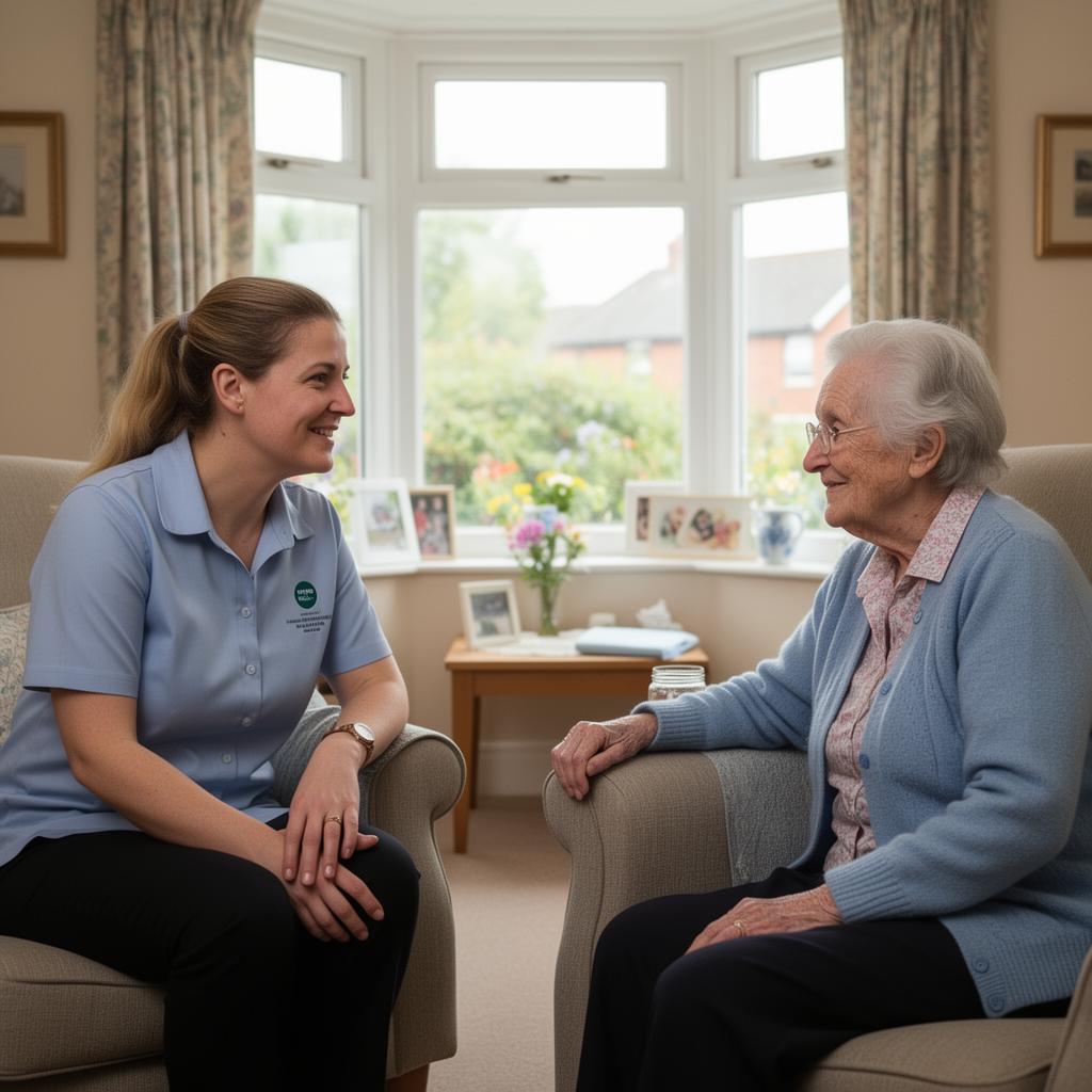 Owner-manager chatting with a resident in the lounge