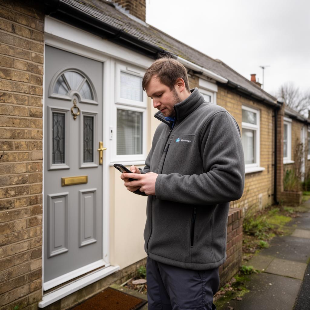 Support worker checking the schedule on a phone outside a shared flat